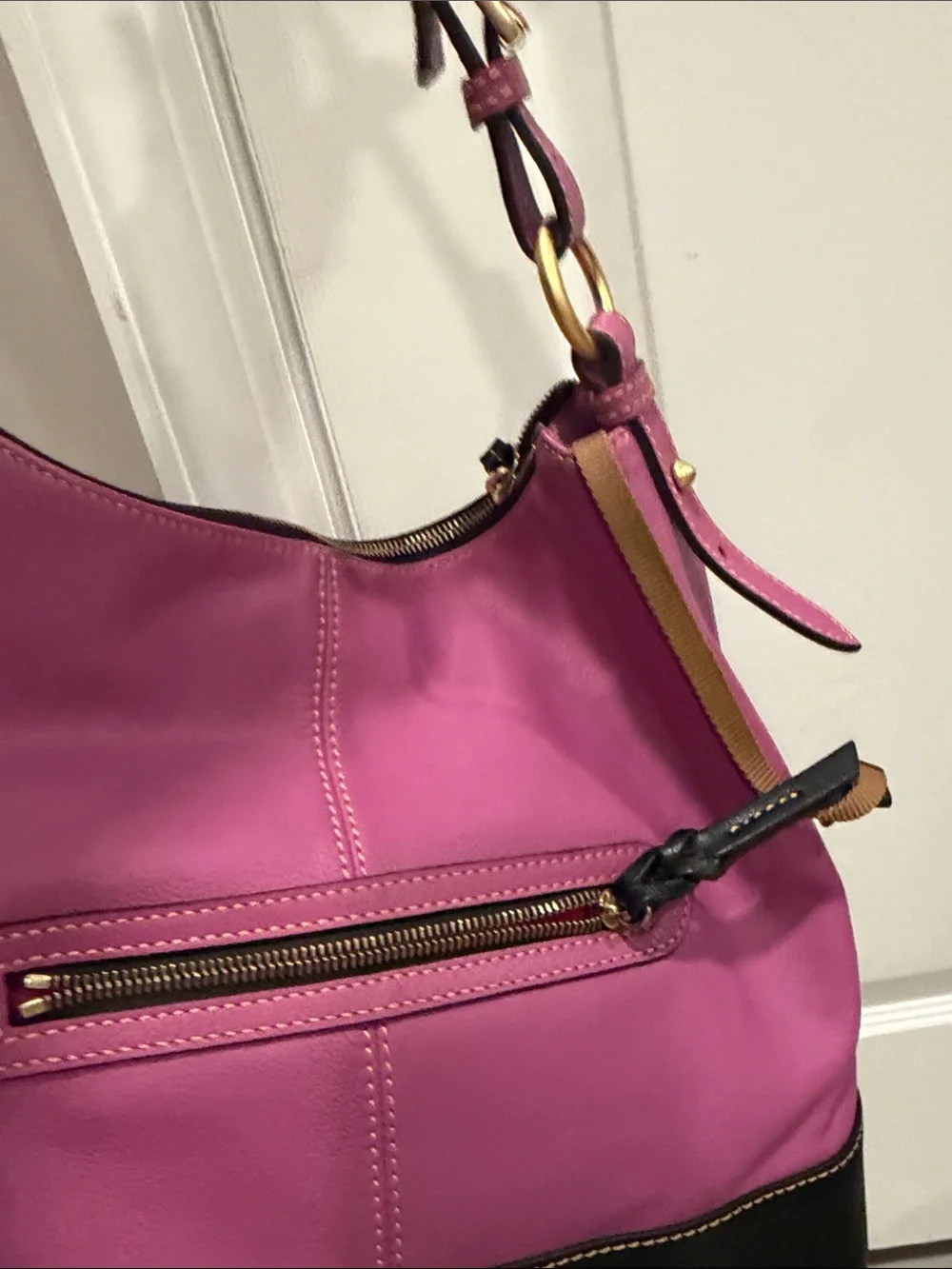 Dooney & Bourke Pink and Black Leather Shoulder Bag with Tassel